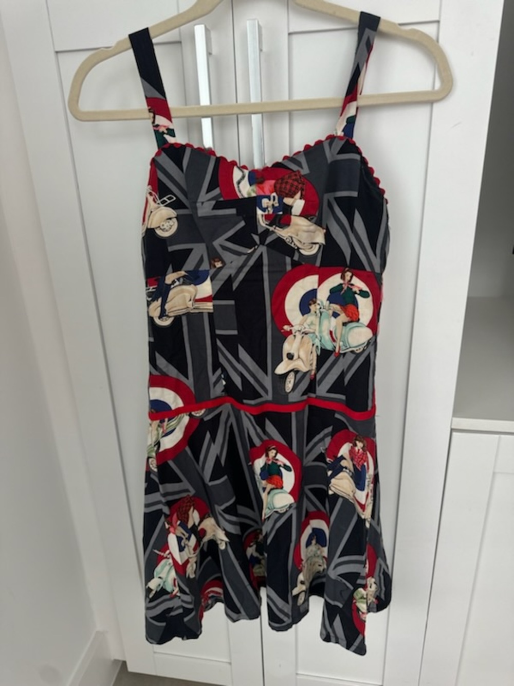 Vintage Black Dress with Red, Gray and Cream Scooter Print